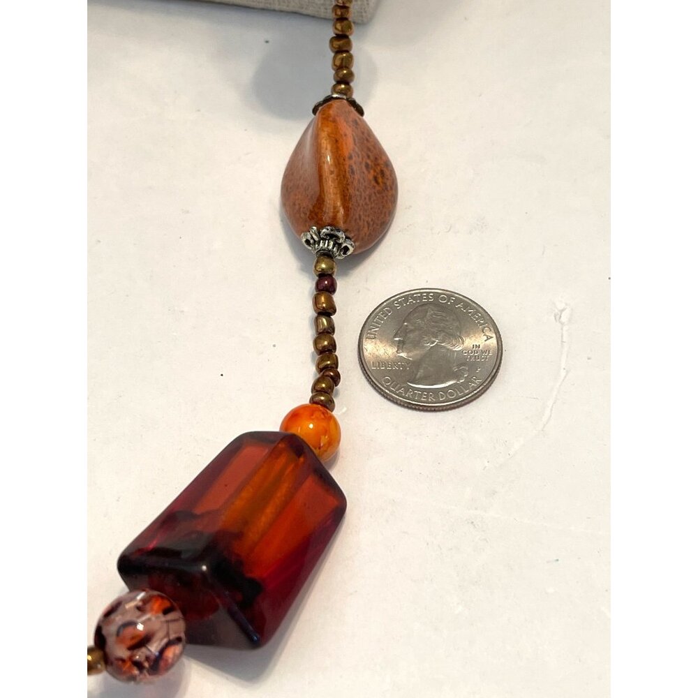Y2K Leopard Amber Brown Orange Beaded Necklace Earring Set Boho Autumn Statement - Picture 10 of 12